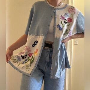 Embroidered Blue & White Floral Button-Up Cardigan